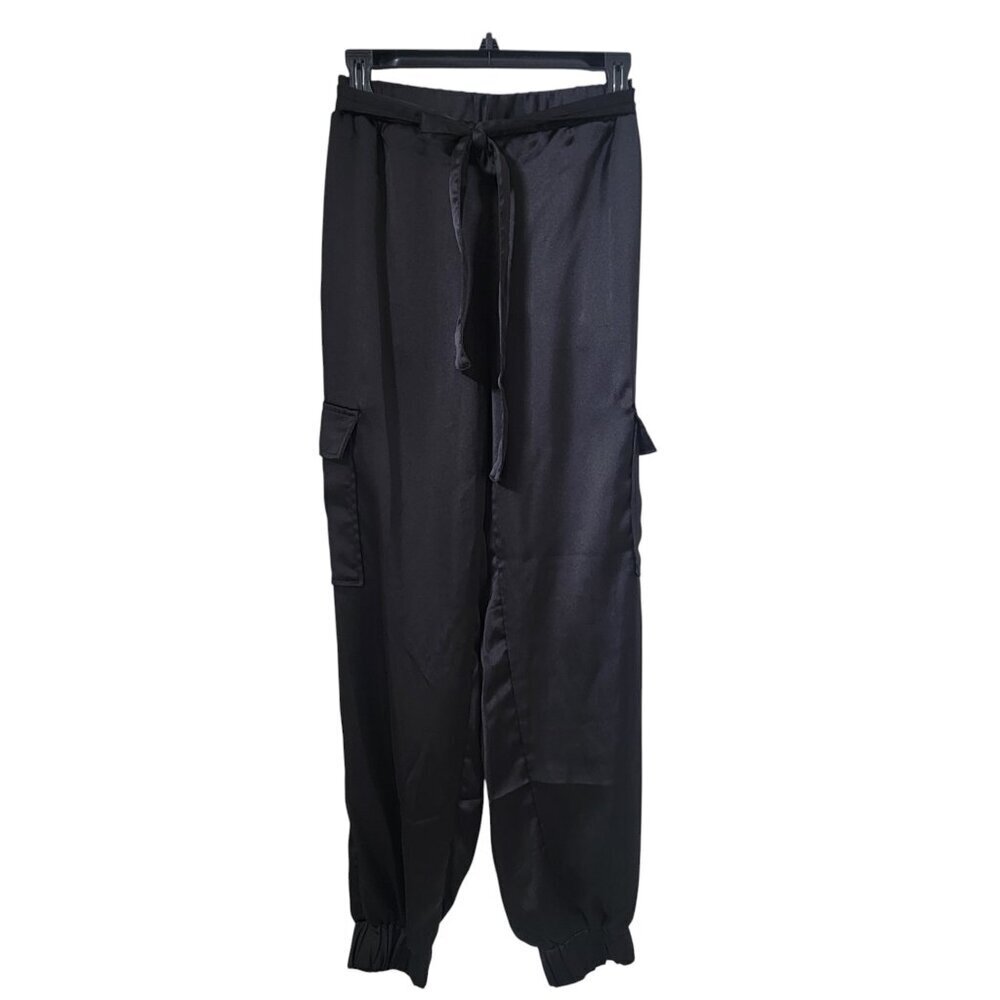 Sincerely Jules Size L Black Satin Cargo Joggers, Excellent Preowned Condition